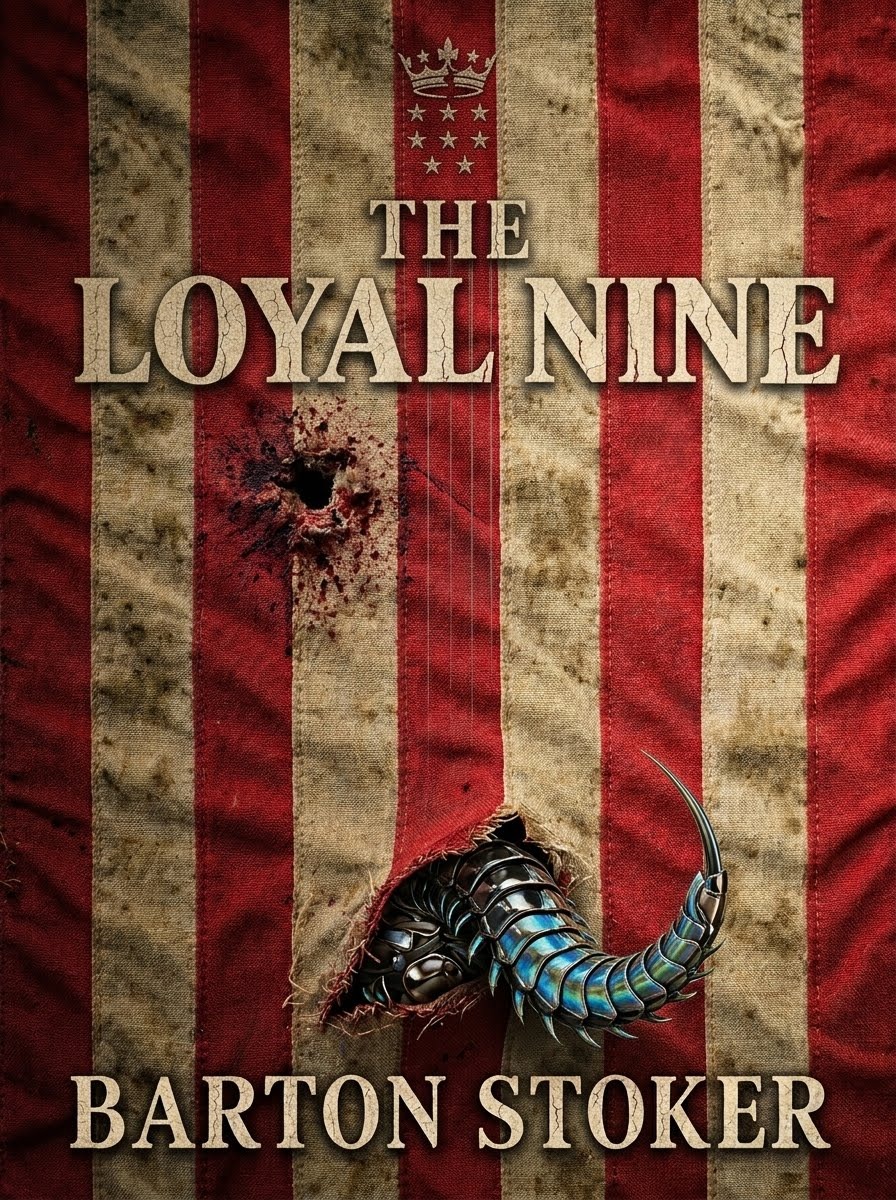 The Loyal Nine by Barton Stoker, a red and ivory flag with a metallic creature emerging through torn cloth